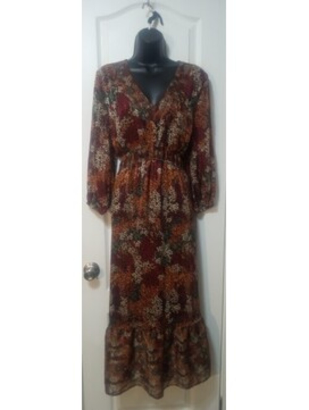 Fyre Autumn Floral Metallic Thread Semi-Sheer Sleeve Maxi Dress L